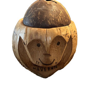 Handcrafted  Carved Monkey Coconut Shell Tip Jar or Bank with saying “Have Fun”